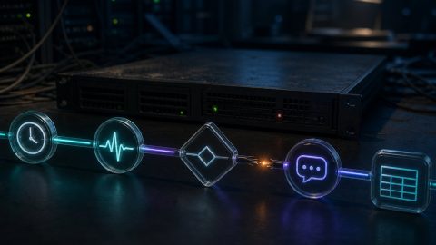 مجسمه سه‌بعدی ورک‌فلو n8n روی رک سرور VPS با کابل مانیتورینگ قطع‌شده